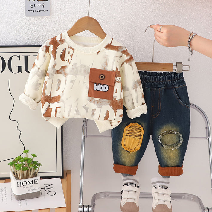 2-Piece Kids Denim Outfit with Printed Sweatshirt β Blue or Brown (1-5 Years)